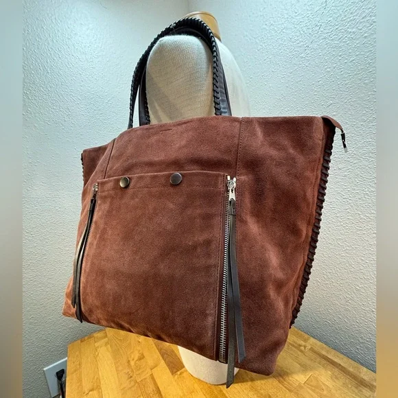 AllSaints Mori Suede Leather Tote Bag Brown Braided Handle Whipstitch - Picture 13 of 14
